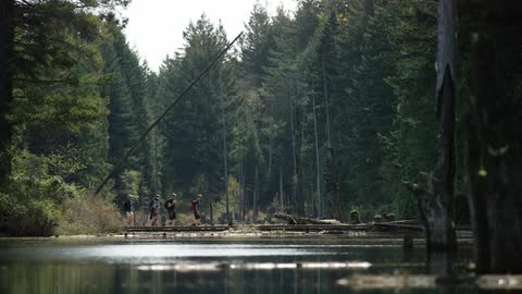 A group of hikers pass a body of water