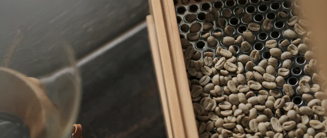 A large sifter holding white coffee beans is lifted up before the roasting process
