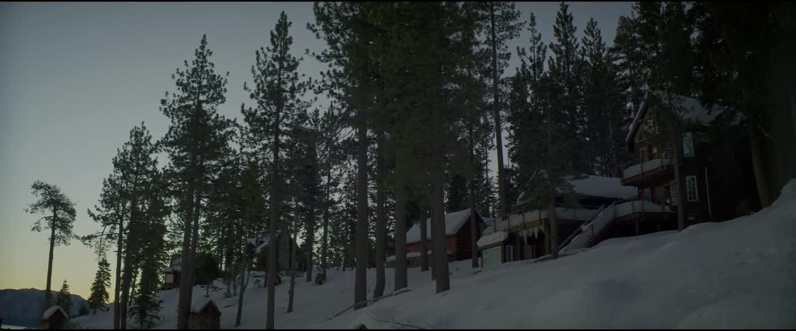 A view of snow on houses in a rural area