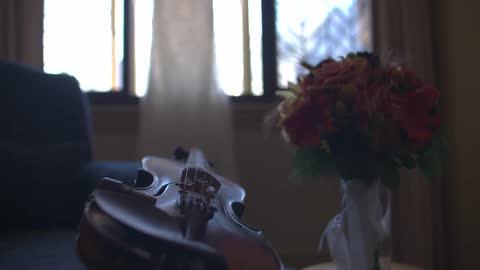 A living room with a blue armchair, violin and a vase of flowers