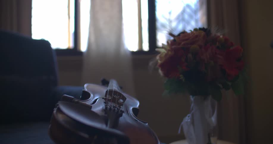 A living room with a blue armchair, violin and a vase of flowers