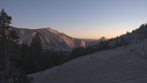 Trees on a rocky slope and ridge at sunset