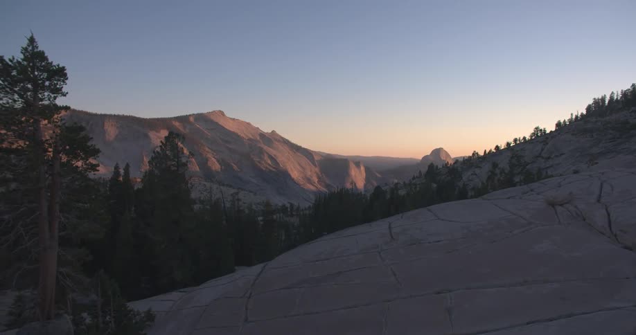 Trees on a rocky slope and ridge at sunset