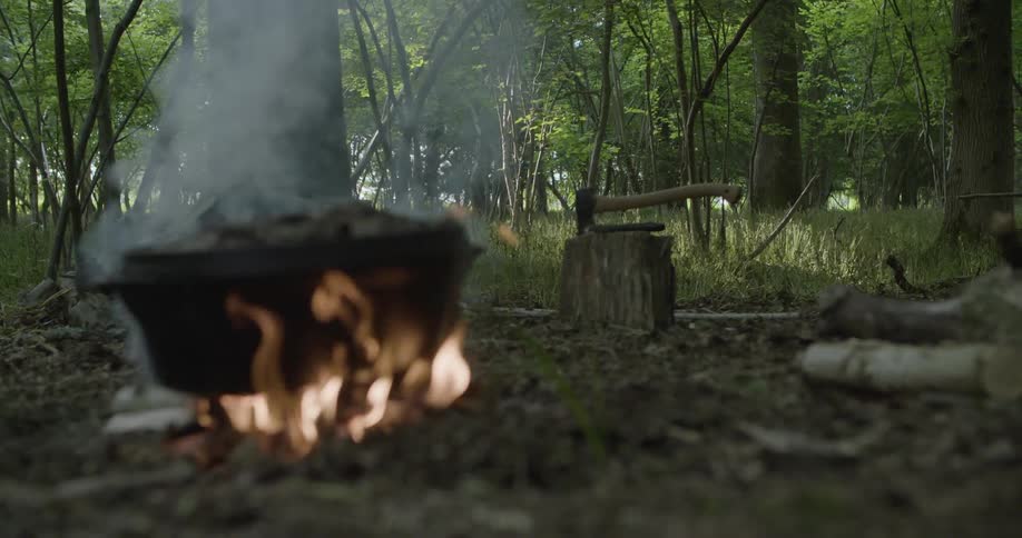 A pot on a burning campfire in the woods