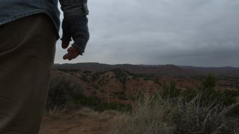 A person wearing fingerless gloves, standing and looking out over shrub-scudded mountains on a cloudy day