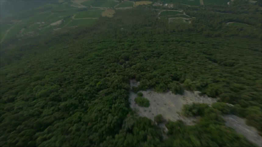 A view down a steep cliff and over the forest below