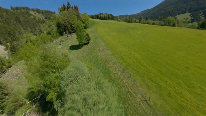 Aerial view of grassland field is displayed in a rural area