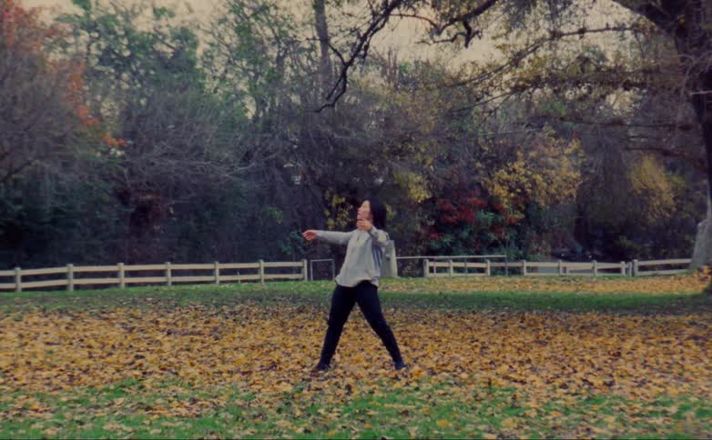 A woman is outdoors in a field and dancing outdoors