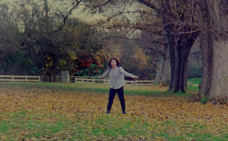 Woman dances in park as pedestrian crosses by copse of trees screening passing traffic