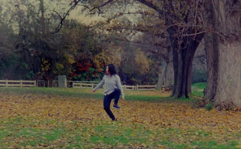A woman kicks up her leg as she does a modern dance in a park