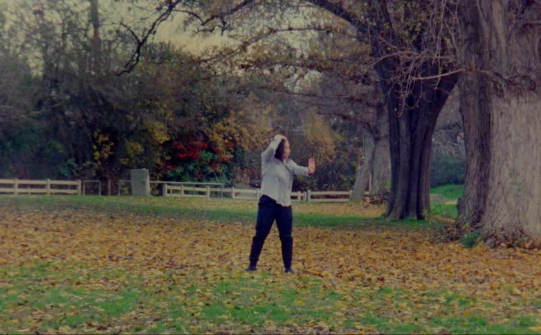 A teenage girl is outside dancing in a yard full of fall colored leaves