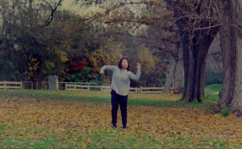 A woman dances under a large tree in a park
