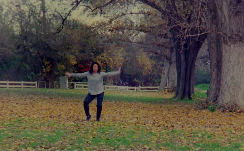 A woman dancing in a field covered in autumn leaves
