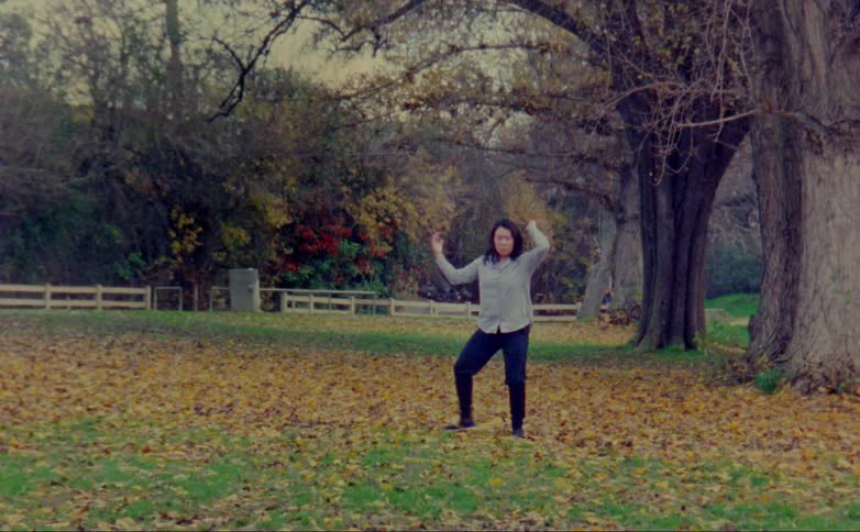 Woman dancing over the fallen leaves in the backyard near a highway