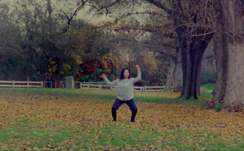 Woman dances in park among fallen leaves as pedestrians and traffic pass in the background