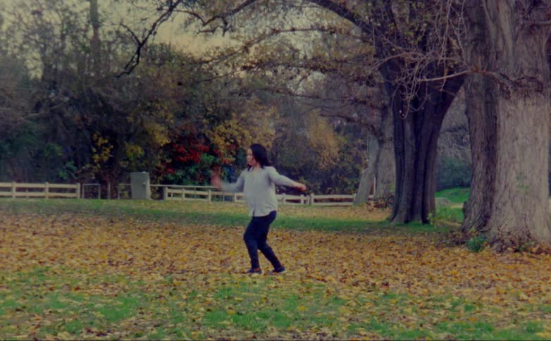 A woman spins and dances in fallen leaves in a park