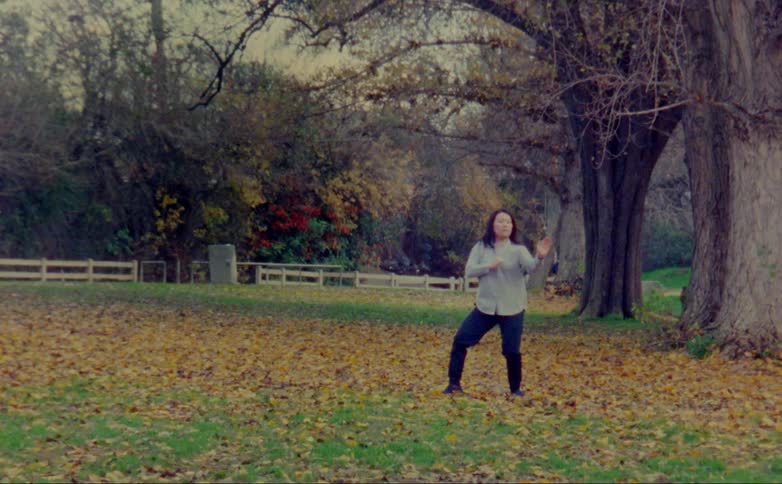 A teenage girl is outside dancing in a yard full of fall colored leaves