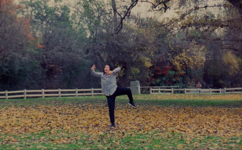 A teenage girl is outside dancing in a yard full of fall colored leaves