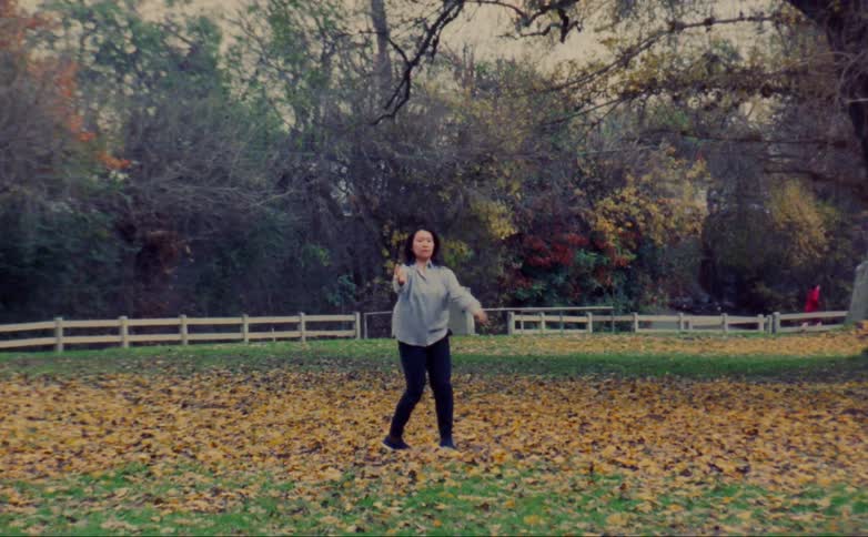 Woman dancing over the leaves over the grass on a park near the highway