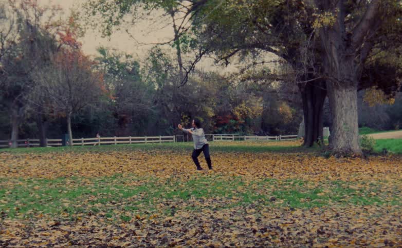 A woman is outside practicing tai chi in a yard full of fall colored leaves