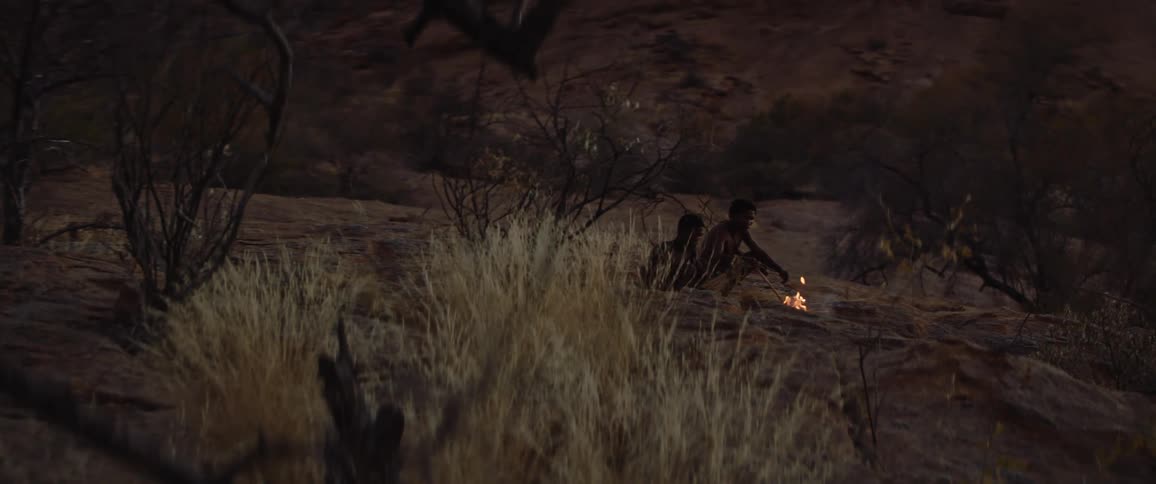 Two men stoke a campfire in the savannah