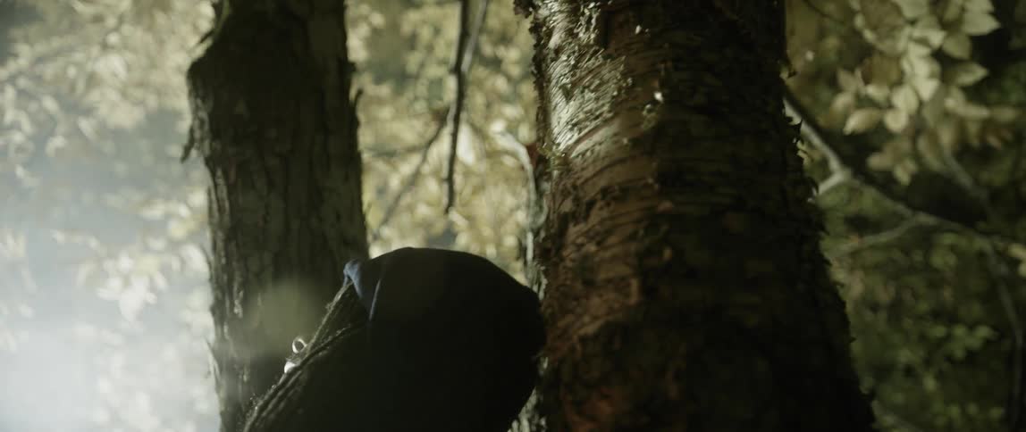 A man hides behind a tree as lights flash