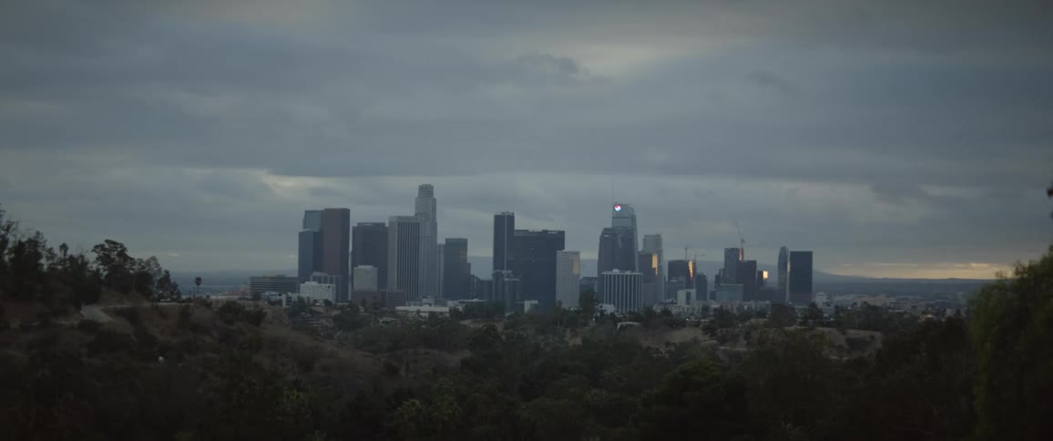 Downtown skyline with tall buildings under a cloudy sky