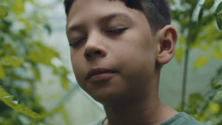 Boy stands among plants with his eyes closed