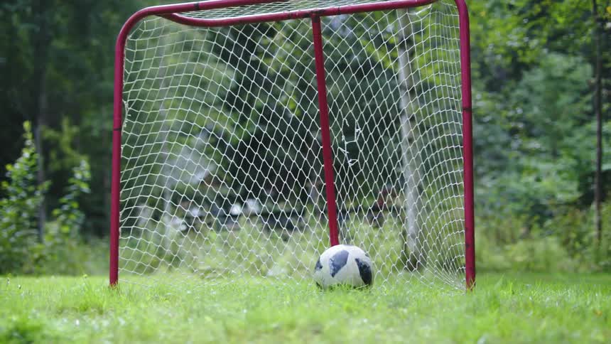 A soccer ball rolls across the grass and into the goal