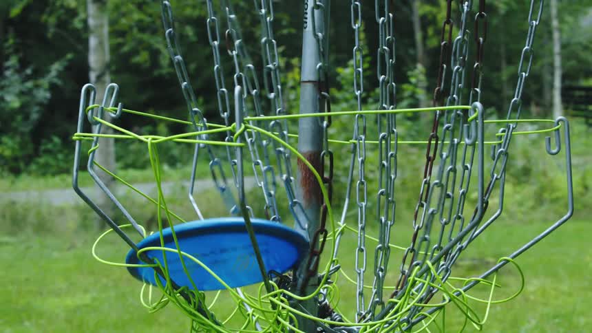 A disc drops into a frisbee golf basket