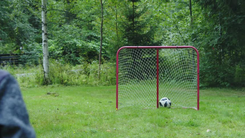 Boy kicks soccer ball into goal standing in field near road