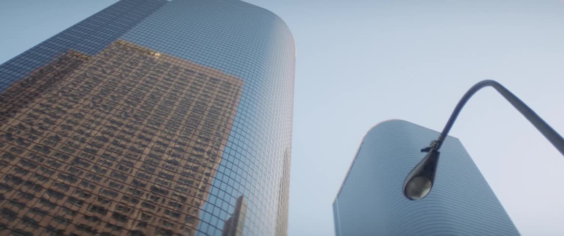 A bird flies past the tall buildings