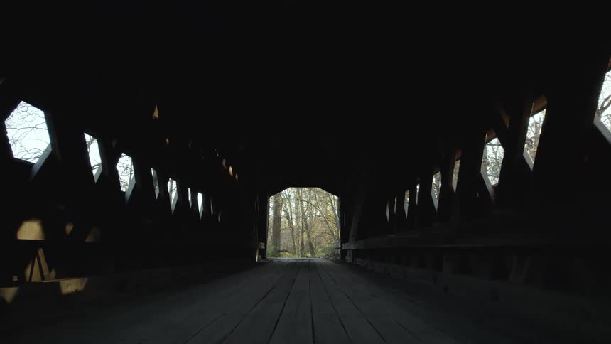 Traveling through a covered bridge towards the trees