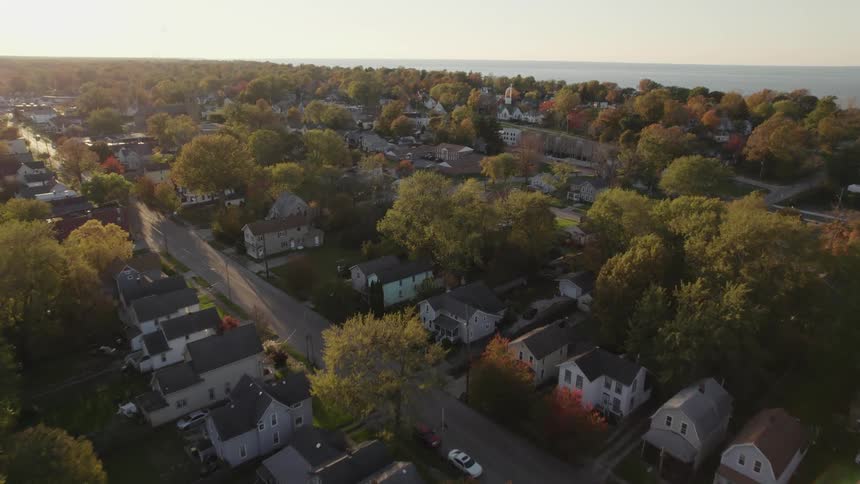 Aerial view of houses in a neighborhood are displayed