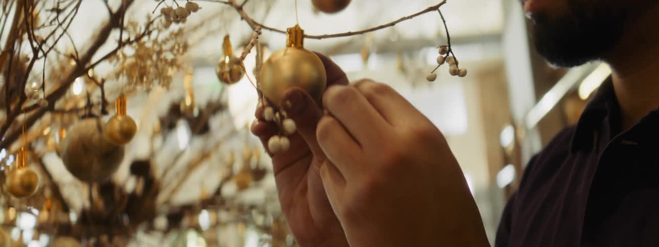A man is outside hanging holiday ornaments on tree branches