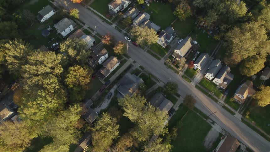 Aerial view of a neighborhood street lined with houses and trees