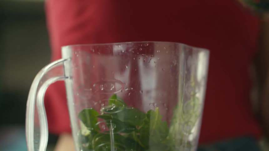 Someone is putting leaves into a blender