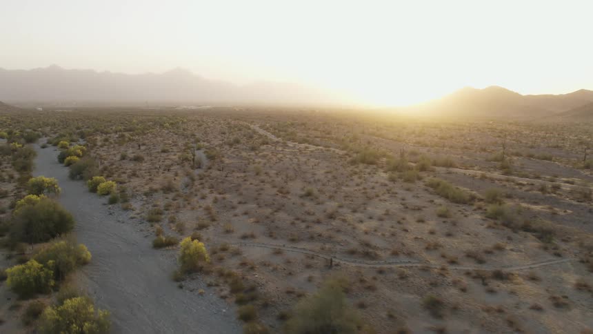 The sun is rising on the desert