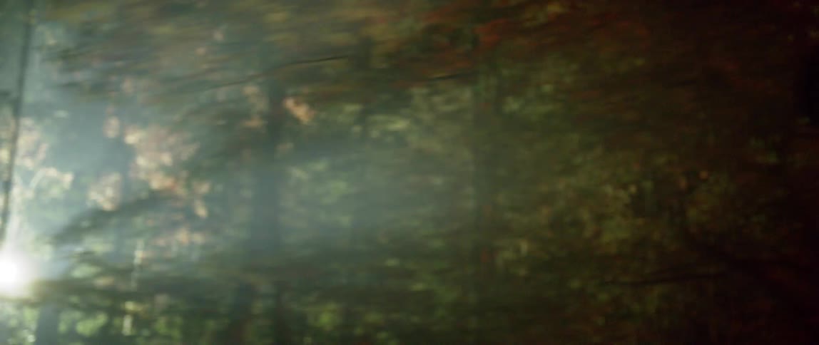 A person is running through a forest with lights flashing behind him