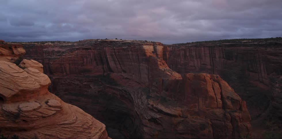 Vegetation sits on top of canyon under overcast sky