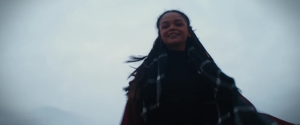 Woman with braids scarf and coat stands on cliff on cold windy day overlooking shoreline
