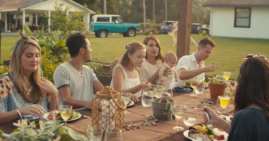 Family and friends sit at picnic table in backyard around meal as girl plays on lawn in background