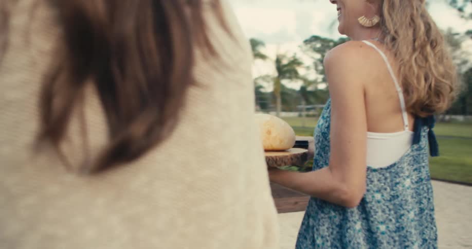 Friends arrive with food to join others at backyard picnic party