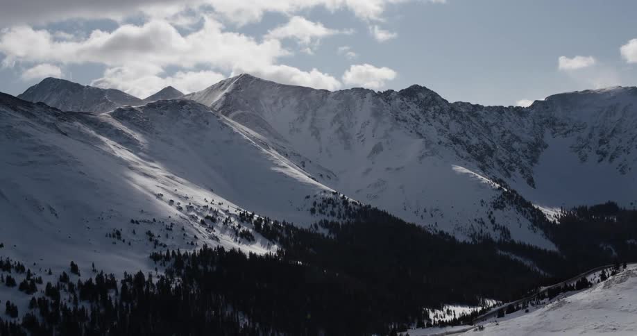 Pine tree forests on the slopes of the snow covered mountain range