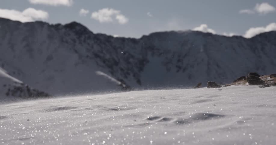 Snow blows at the bottom of a canyon