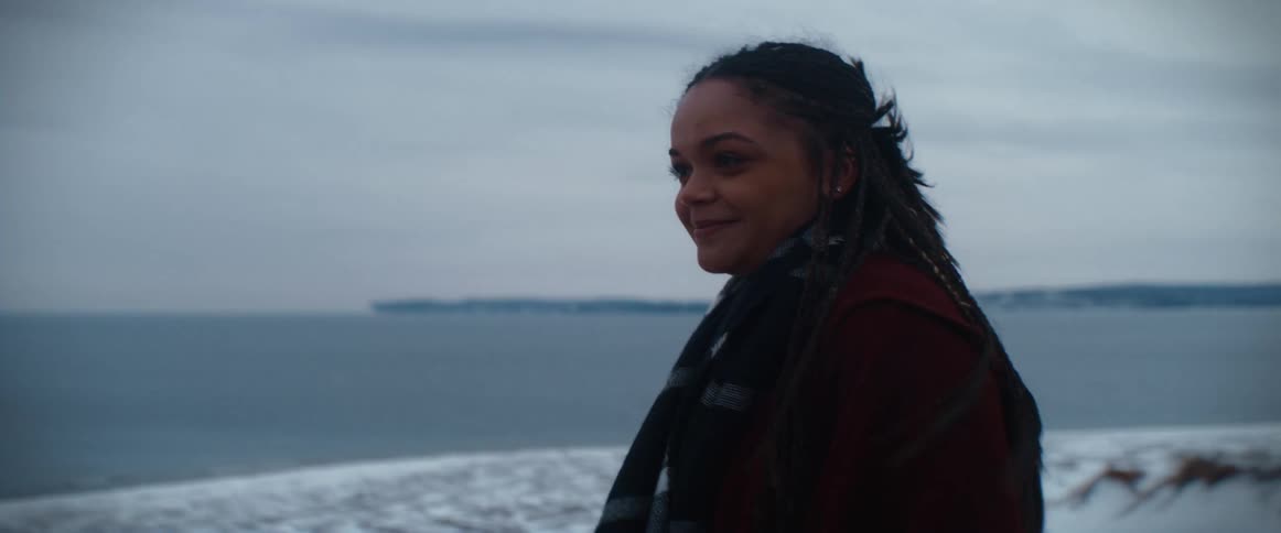 A woman in a scarf overlooking a snowy beach on a cloudy winter day