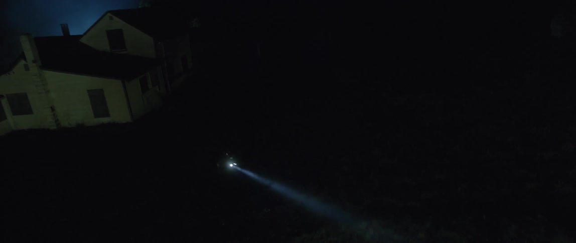 A person carrying a flashlight runs through a backyard at night