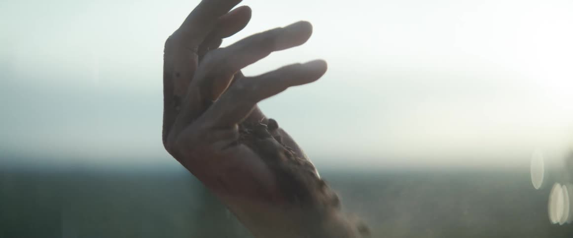 A persons hand releases sand or dirt from their hand and dust blows into the breeze