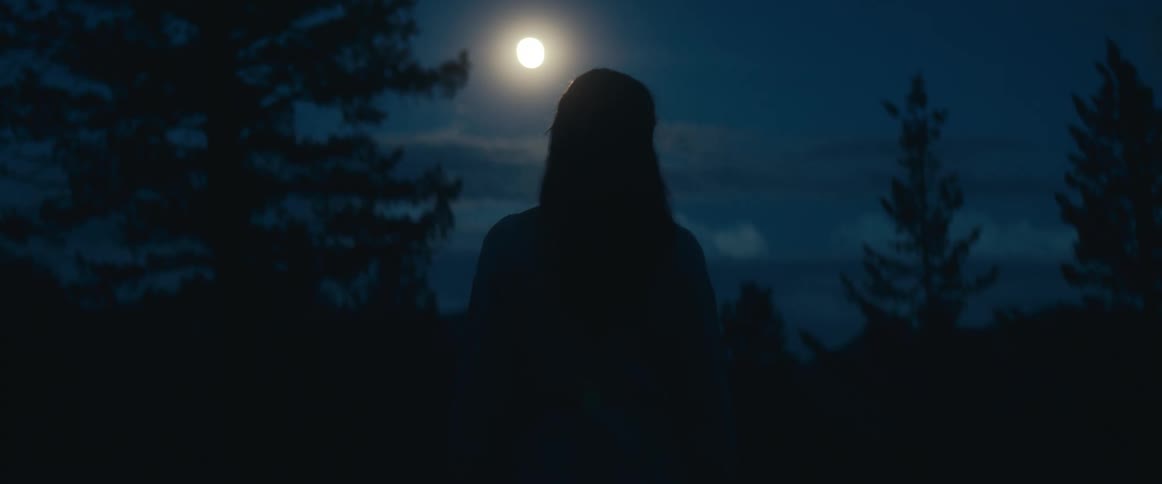 Woman with wavy hair watches moon at night