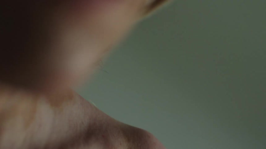 Close up of a persons face is displayed